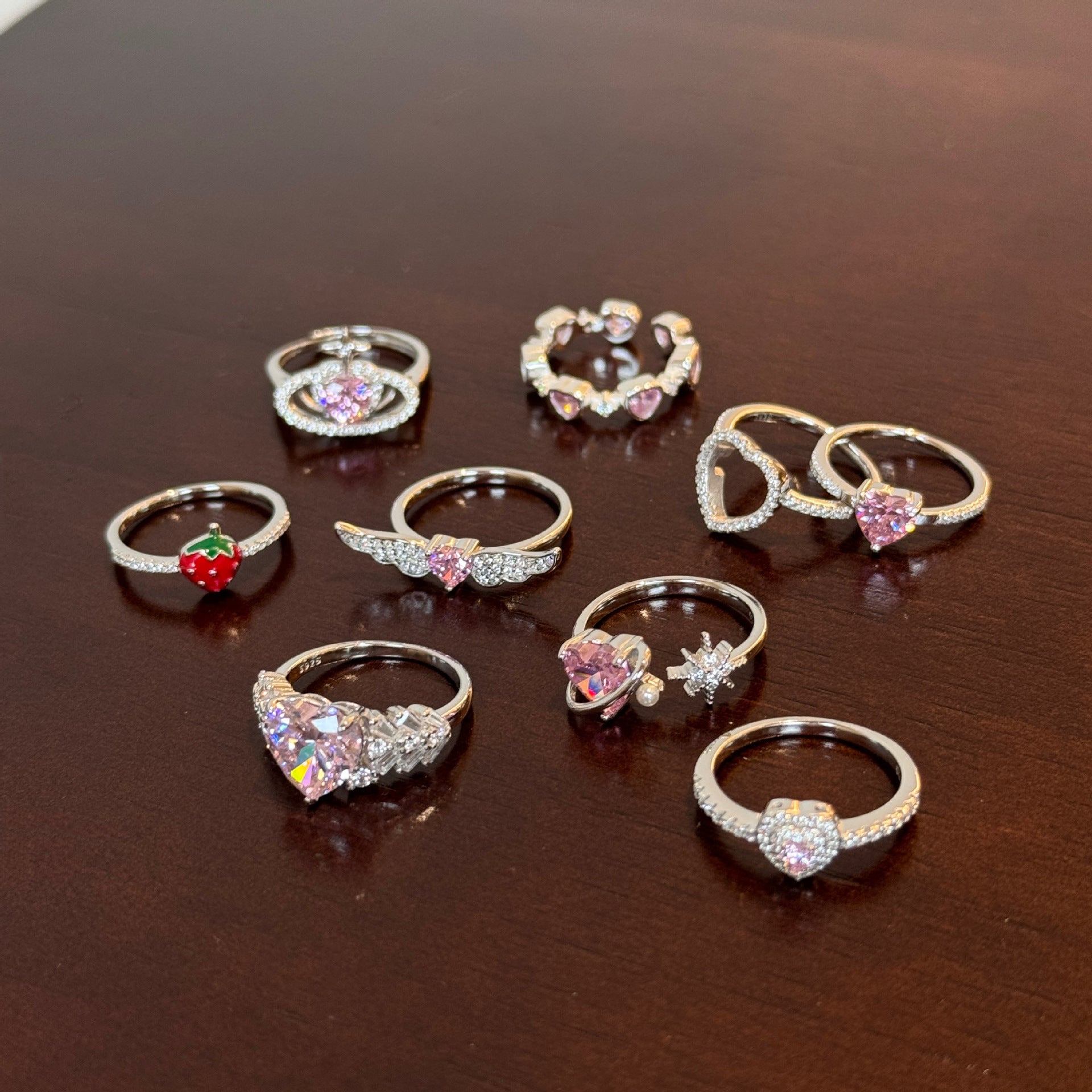 S925 Sterling Silver Ring Female Epoxy Strawberry Heart Wings