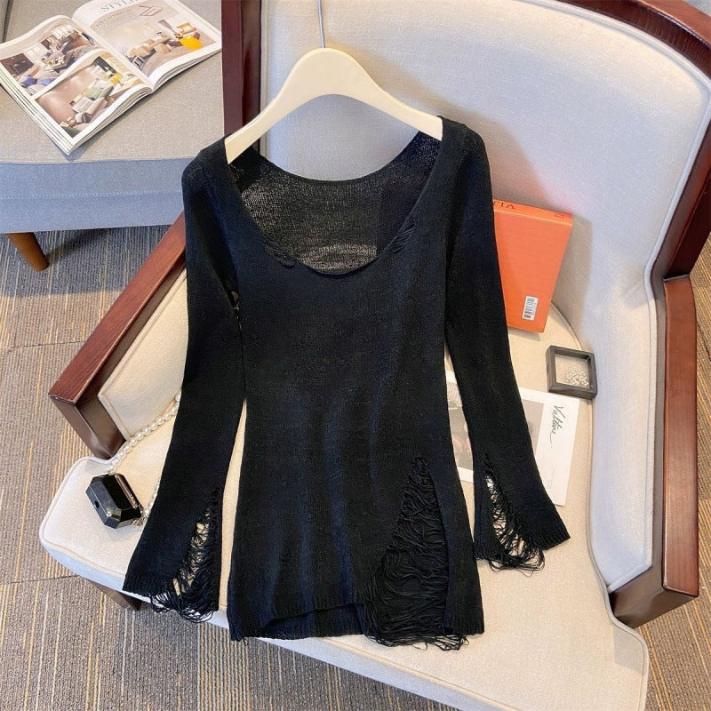 Loose, Casual-style Ripped And Cutout Long-sleeve Top