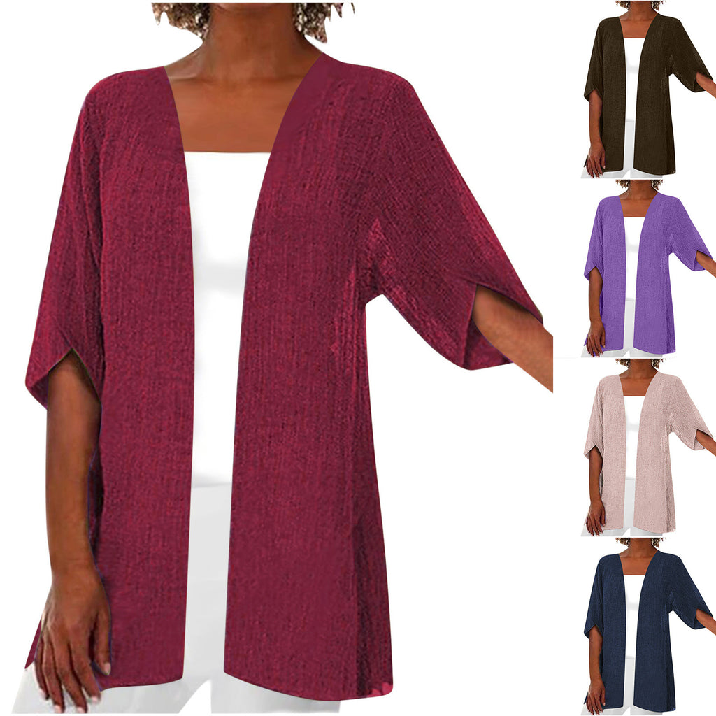 SpringSummer Casual Mid-Sleeve Solid-Color Thin Outerwear Coat