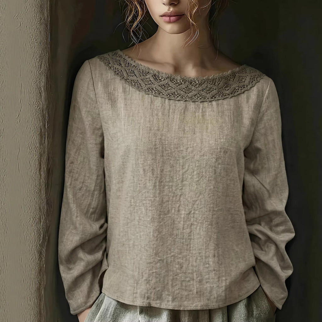 Lace-trimmed Patchwork Artistic Vintage Laid-back Style Loose Boat-neck Long-sleeve Top