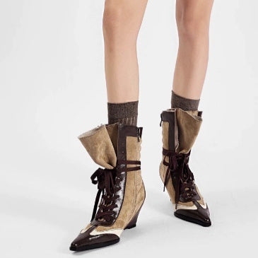 Women's Pointed Toe Retro Colorblock Fashion Ankle Boots