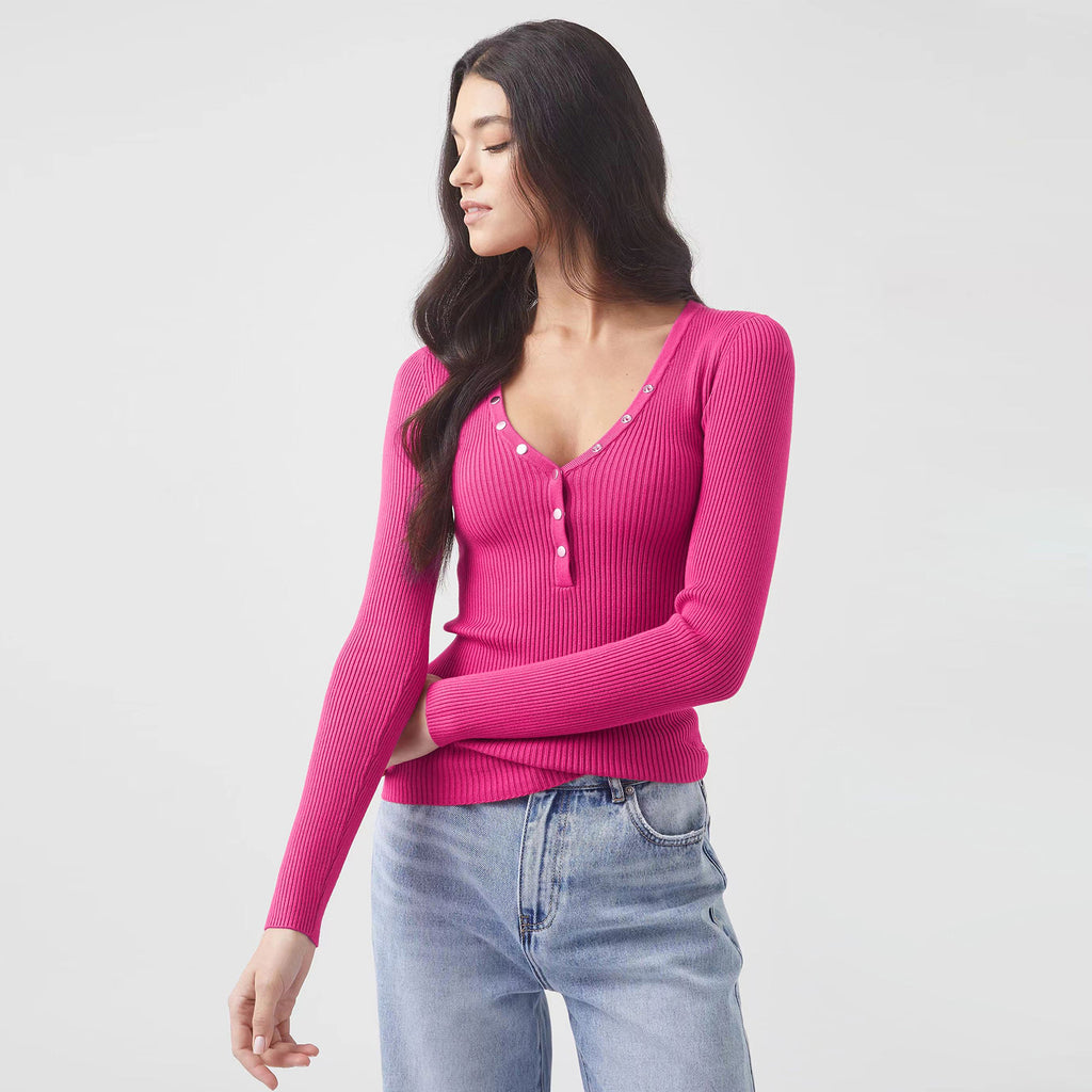 High-end Textured V-neck Buttoned Slim-fit Figure-flattering Long-sleeve T-shirt