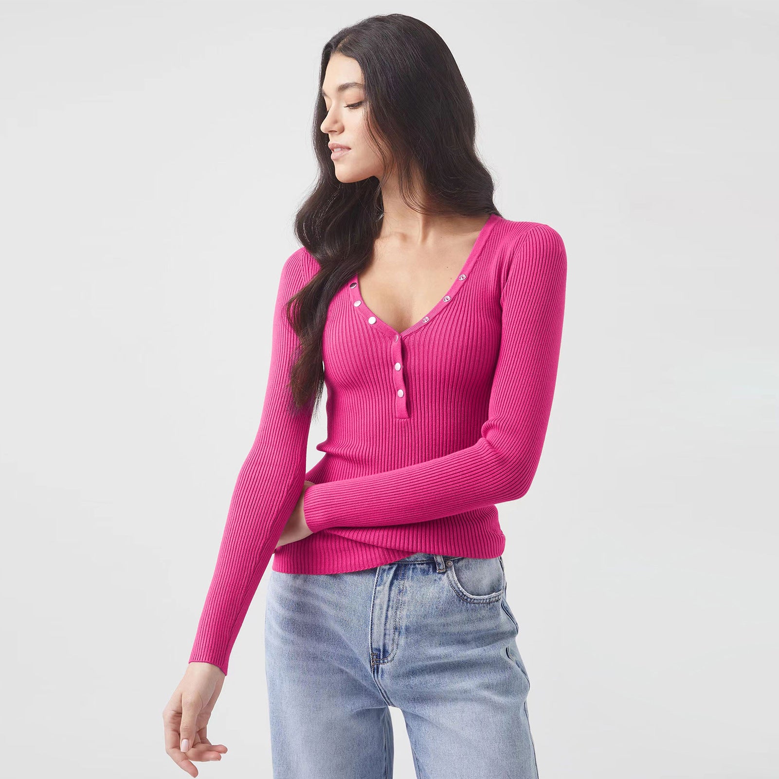 High-end Textured V-neck Buttoned Slim-fit Figure-flattering Long-sleeve T-shirt