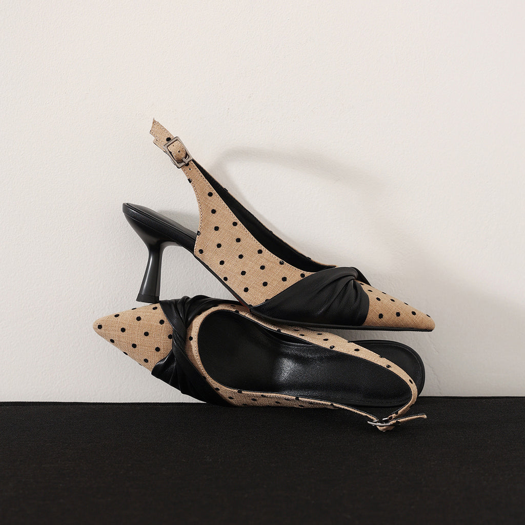 Women's Polka Dot Slingback Heels, Pointed Toe Genuine Lambskin Slingback Pumps
