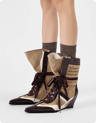 Women's Pointed Toe Retro Colorblock Fashion Ankle Boots