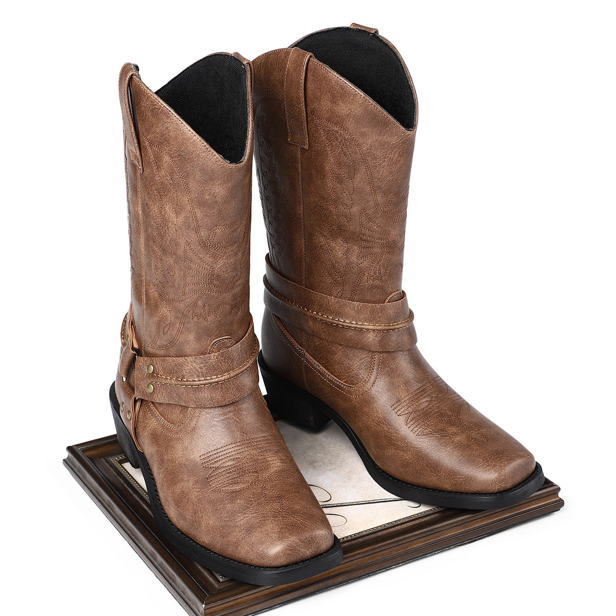 Men's Casual High Heel Leather Boots Large Size Simple Retro
