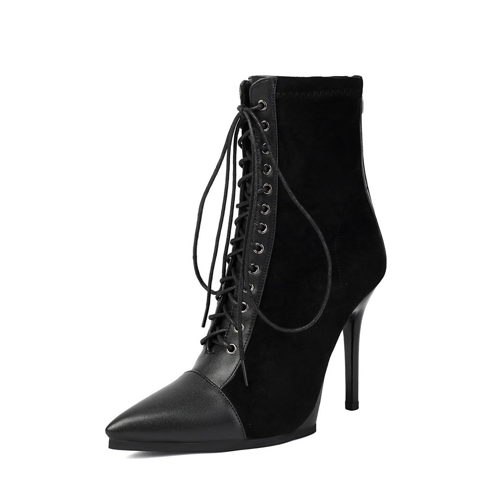 New Drawstring Patchwork European And American Women's Boots Short Pointed Knight Boots