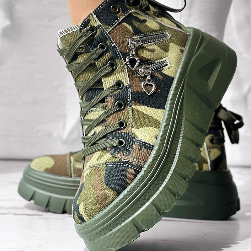 Muffin Heel Side Zipper Front And Rear Lace-up Fashion Casual Sneakers