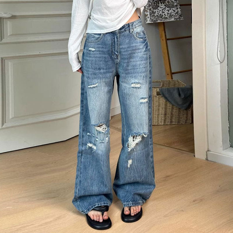 High-waisted Washed Design Slim Wide-leg Pants