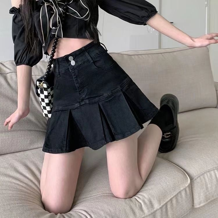 American Hot Girl Pleated Denim Skirt Women's High Waist Slimming