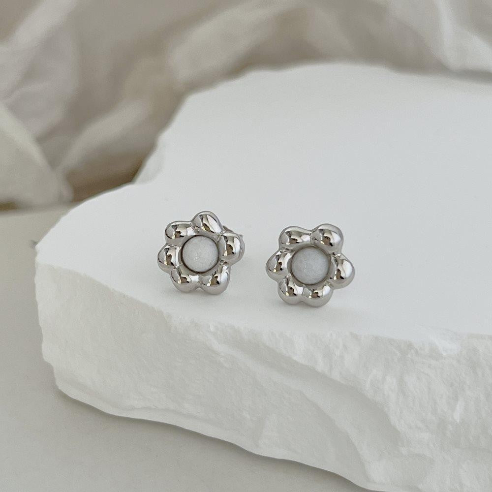 S925 Sterling Silver Black Agate Flower Small French Retro Simple