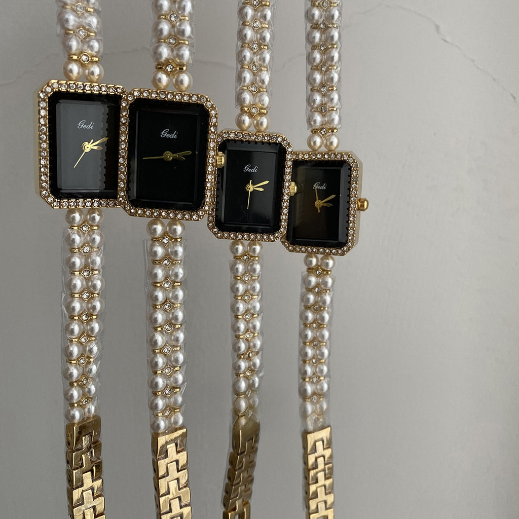 Silver Black Square Pearl Bracelet Diamond Fashion Quartz Watch