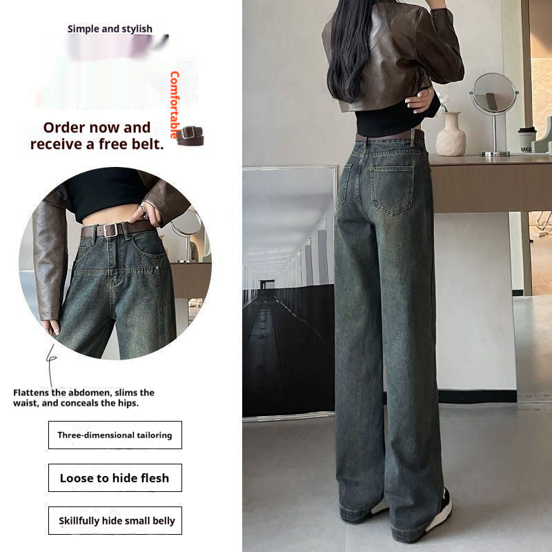 Cement-gray Womens High-waisted Loose-fit Slimming Narrow Straight-leg Floor-length Wide-leg Denim Jeans