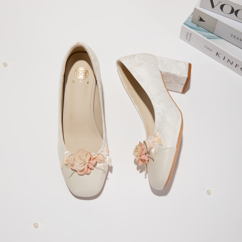 White Floral Block Heel Pumps, Elegant Square Toe Jacquard Women's Dress Shoes