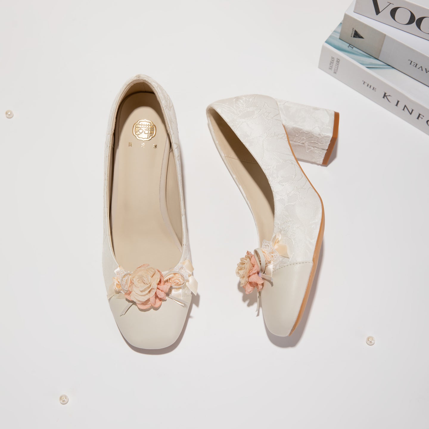 White Floral Block Heel Pumps, Elegant Square Toe Jacquard Women's Dress Shoes