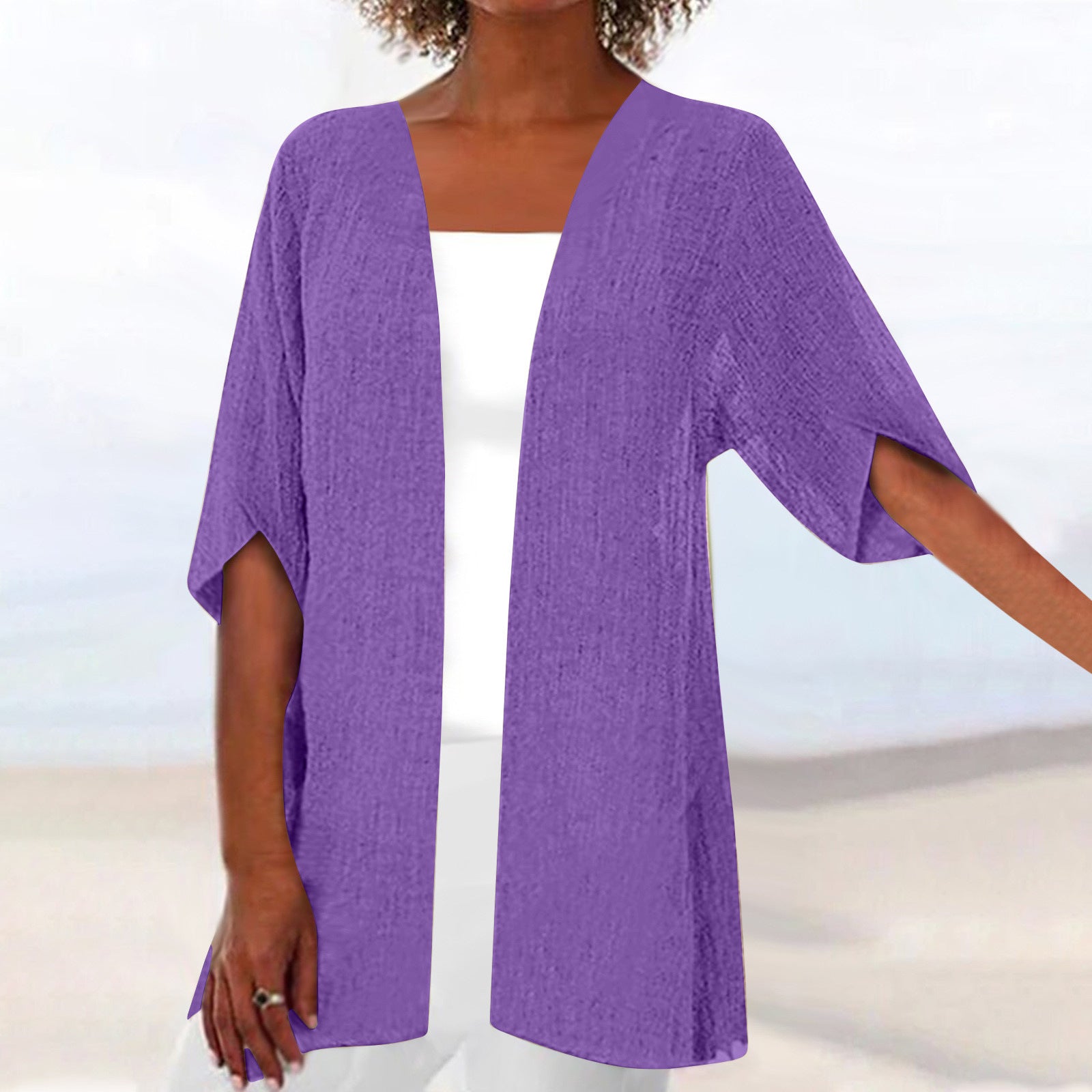 SpringSummer Casual Mid-Sleeve Solid-Color Thin Outerwear Coat