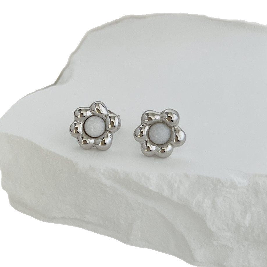 S925 Sterling Silver Black Agate Flower Small French Retro Simple