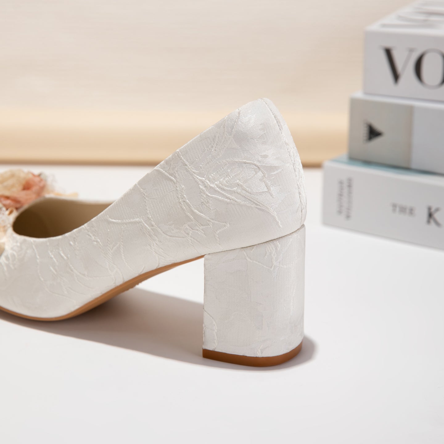 White Floral Block Heel Pumps, Elegant Square Toe Jacquard Women's Dress Shoes
