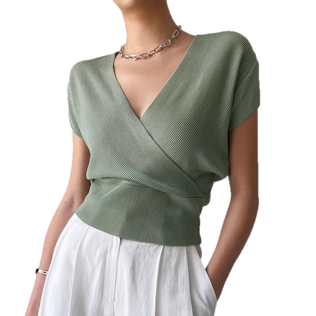 V-neck Knitted Short-sleeve High-waisted Loose T-shirt Knitted Top