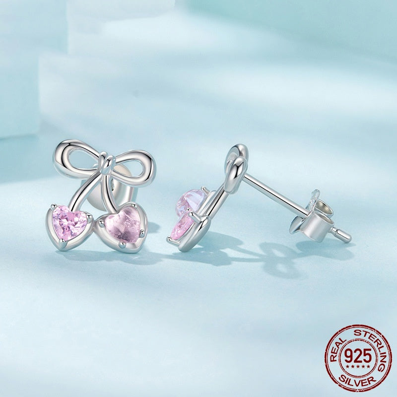 Sweet Cherry Stud Earrings Romantic Girl Heart S925 Sterling Silver
