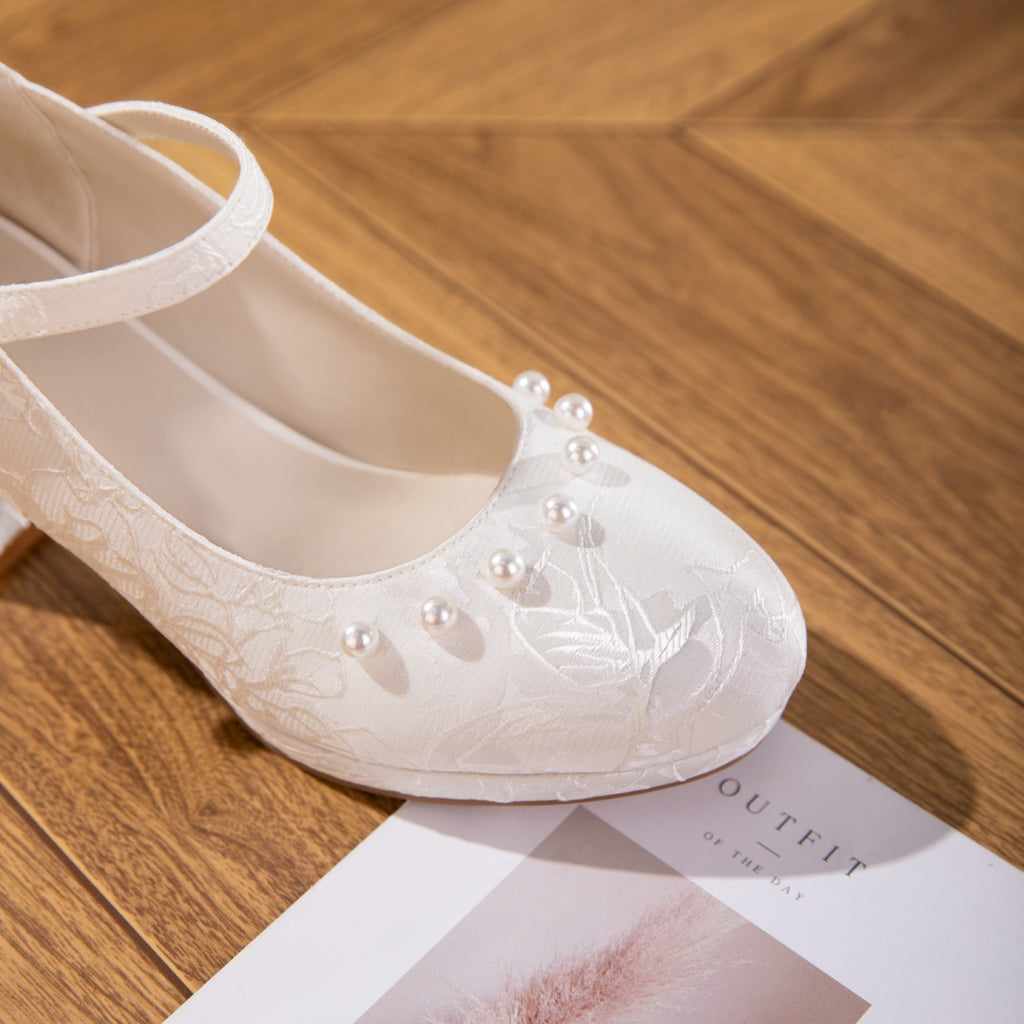 White And Beige Jacquard Mary Jane Style Women's Shoes With Thick Soles And Pearl Bow Straps, Waterproof Platform High Heels, Elegant And Versatile Wedding Shoes, Bridesmaid Shoes, Formal High Heels F