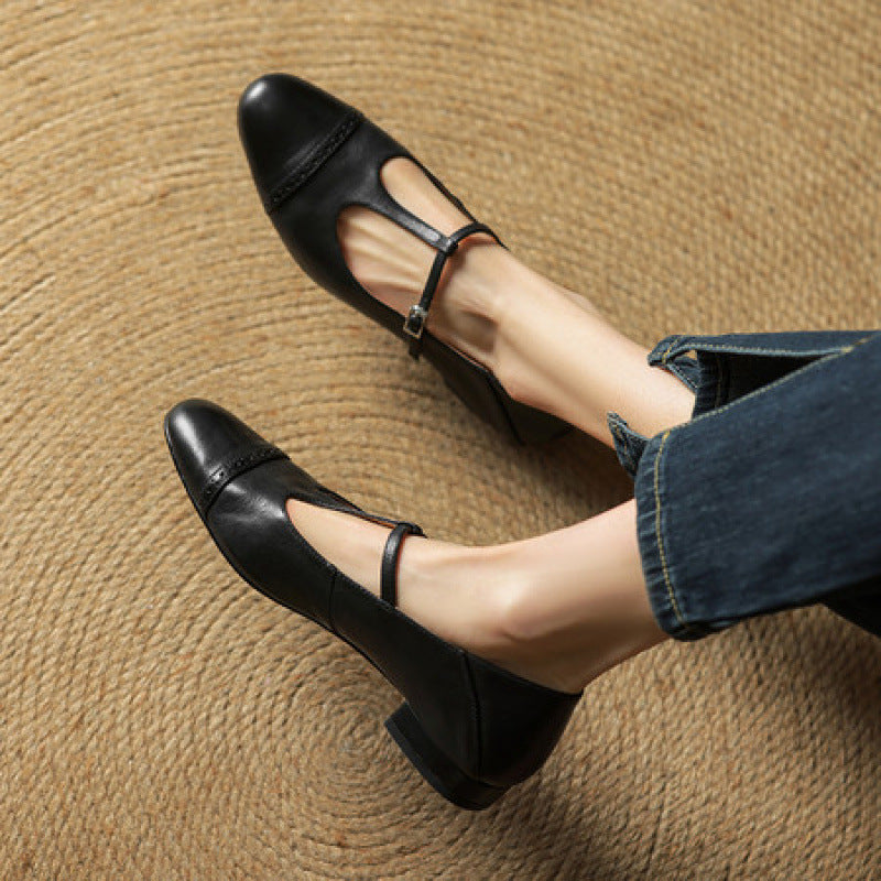 Women's T-shaped Buckle Old First Layer Cowhide Round Toe Flats
