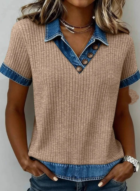 Women's Lapel Collar Short-Sleeve Top Fashionable Denim