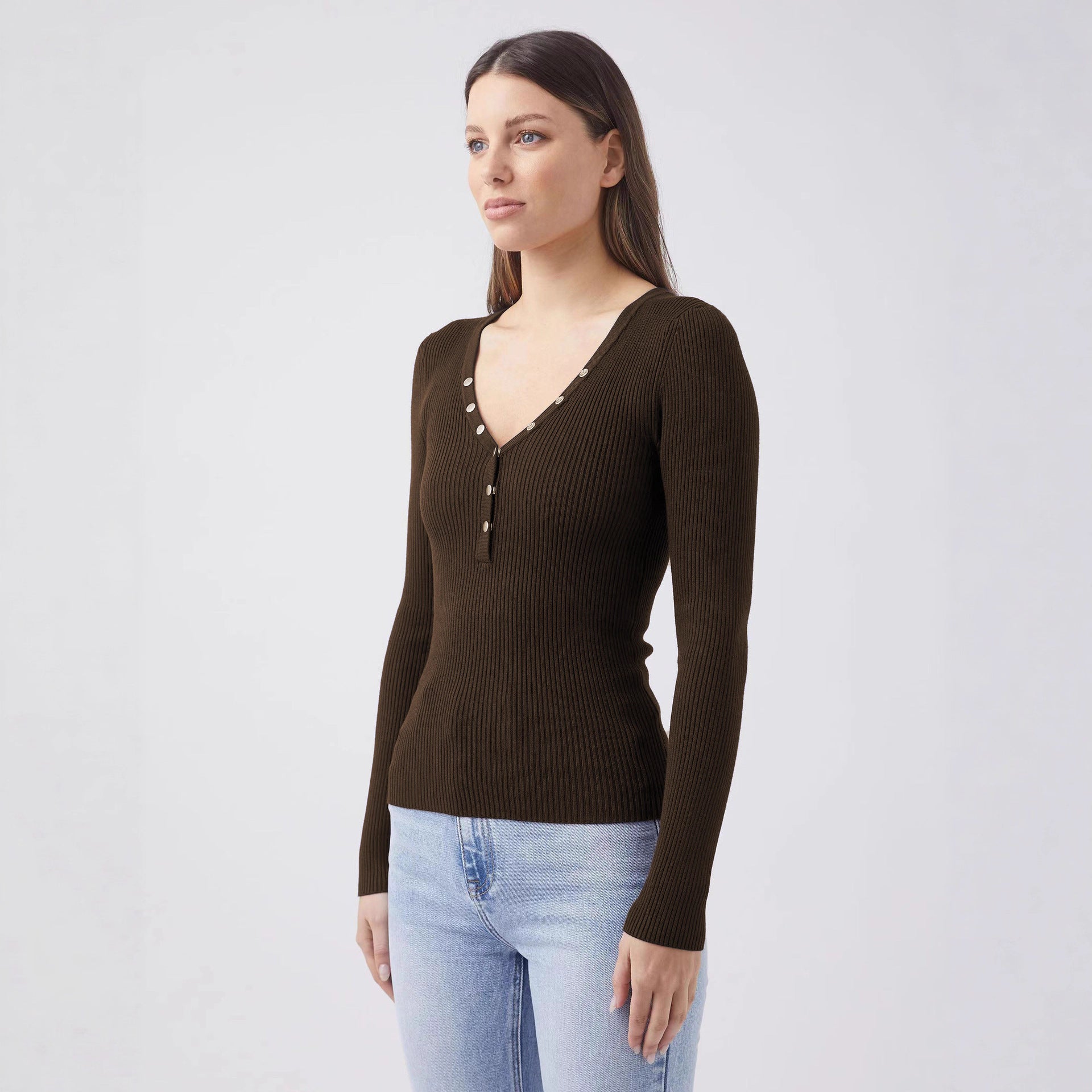High-end Textured V-neck Buttoned Slim-fit Figure-flattering Long-sleeve T-shirt