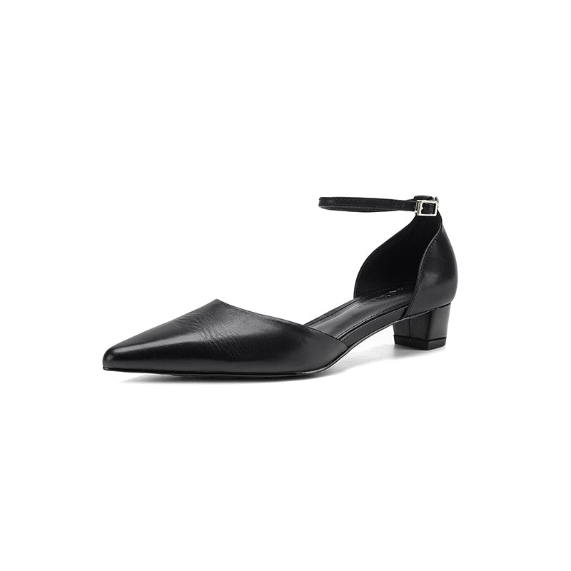 Women's Handmade Washed Leather Ankle Strap Pumps, Genuine Full-Grain Leather Pointed Toe Low Block Heel Sandals