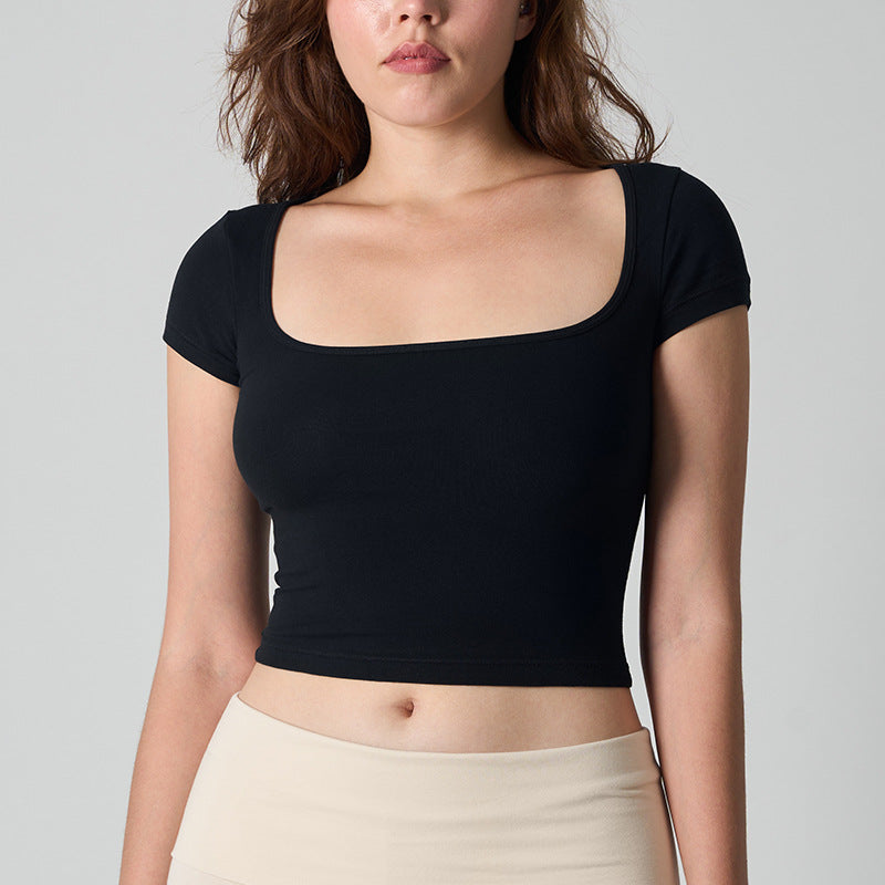 Square-neck Solid-color Cinched-waist Slim-fit Minimalist All-cotton Top