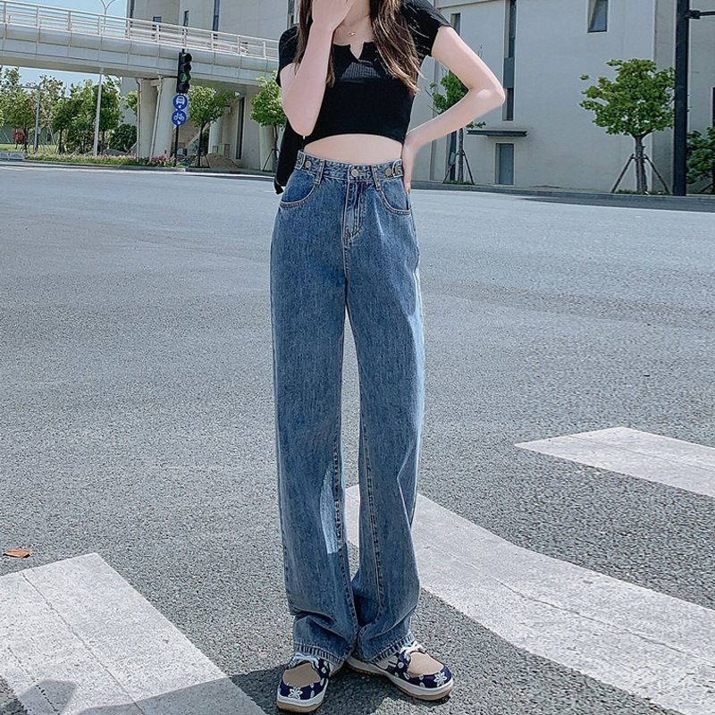 Light Blue Womens Straight-leg Loose-fitting Jeans