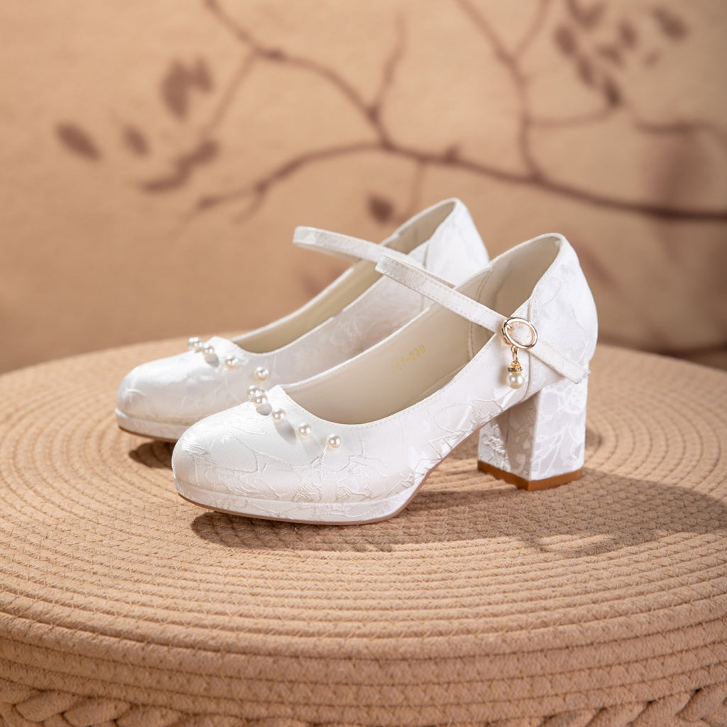 White And Beige Jacquard Mary Jane Style Women's Shoes With Thick Soles And Pearl Bow Straps, Waterproof Platform High Heels, Elegant And Versatile Wedding Shoes, Bridesmaid Shoes, Formal High Heels F