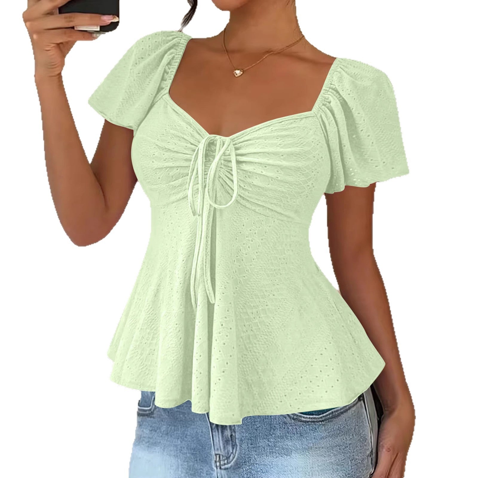 Euramerican V-neck Drawstring Tie-up Top