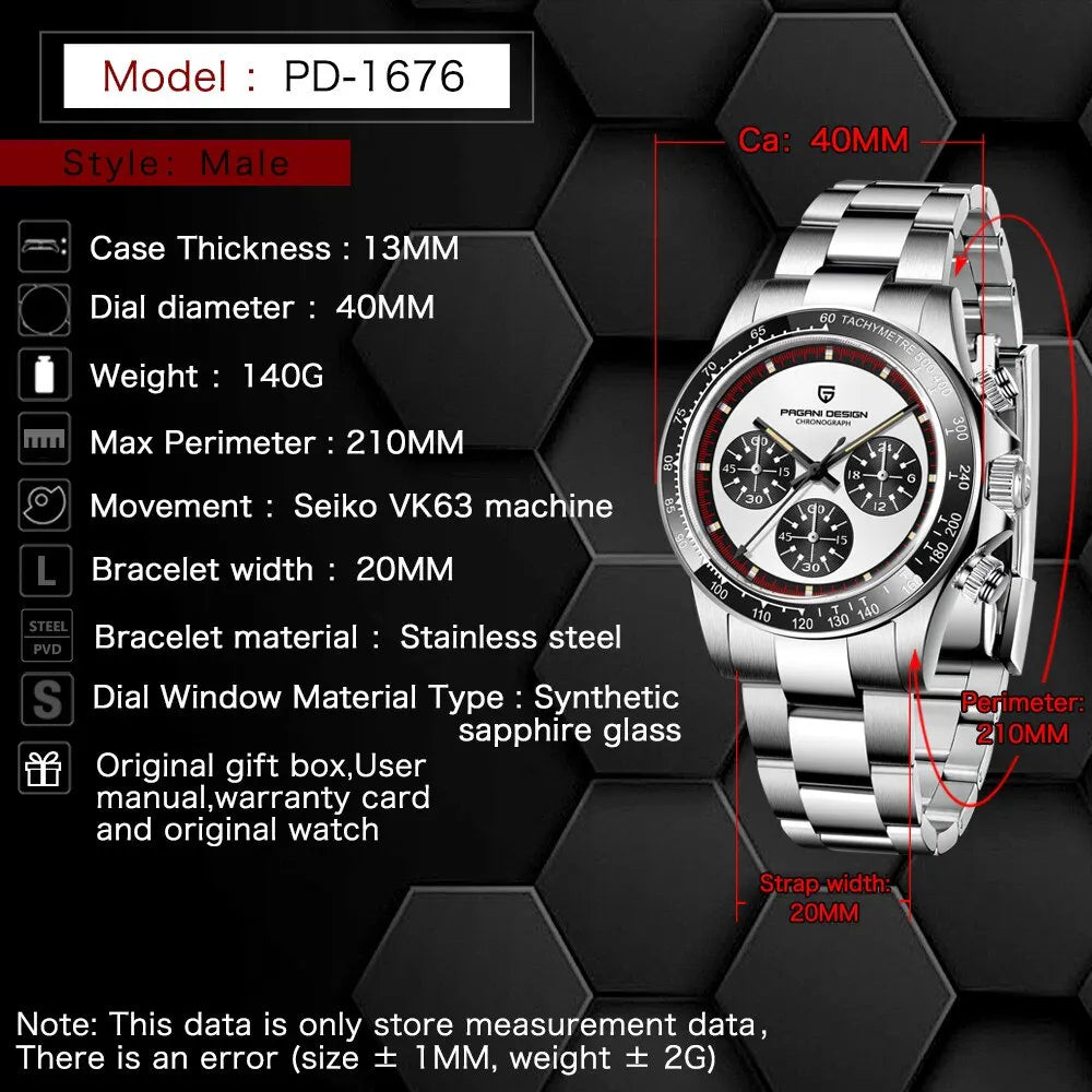 New PAGANI DESIGN 1676 New Men's Watches Quartz Wrist Watch Men Retro Sports Chronograph Japan VK63 Sapphire Glass Clock