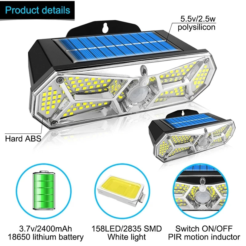 Outdoor Motion Sensor Solar Lights 126LEDs IP65 Waterproof Super Bright Solar Wireless Wall Lamp with 3 Modes and 8 Wide Angle
