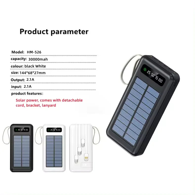 Lanyard Design Comes with Mobile Phone Holder 2USB Output 1 to 4 Output Charging Cable 30000mah Solar Power Bank