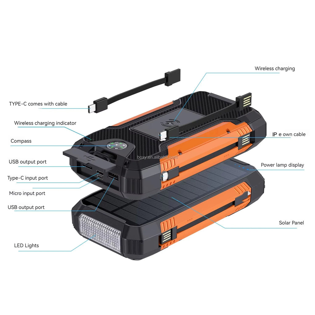 OEM Factory Wholesale Outdoor Portable Charging Cable 15W Wireless Fast Charge Large Capacity PD22.5W Solar Power Bank 30000mAh
