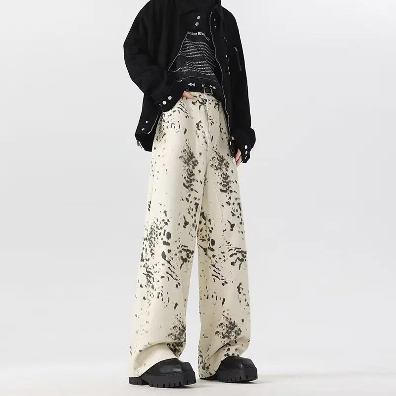 High Street Leopard Print Jeans Women's Street Spring and Autumn Style Wide Leg Pants Loose Casual Pants Denim