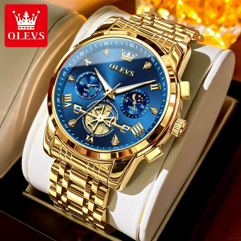 OLEVS 2856 Men's Watches Classic Multifunctional Flywheel Design Stainless Steel Waterproof Moon Phase Men's Wristwatches Trend