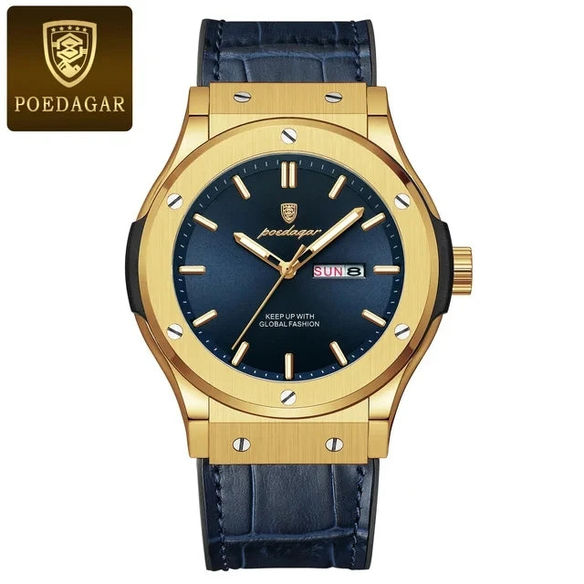 POEDAGAR Fashion Men's Watches Trend Classic Classic Quartz Watch for Man Waterproof Luminous Week Date Wristwatch Leather 952