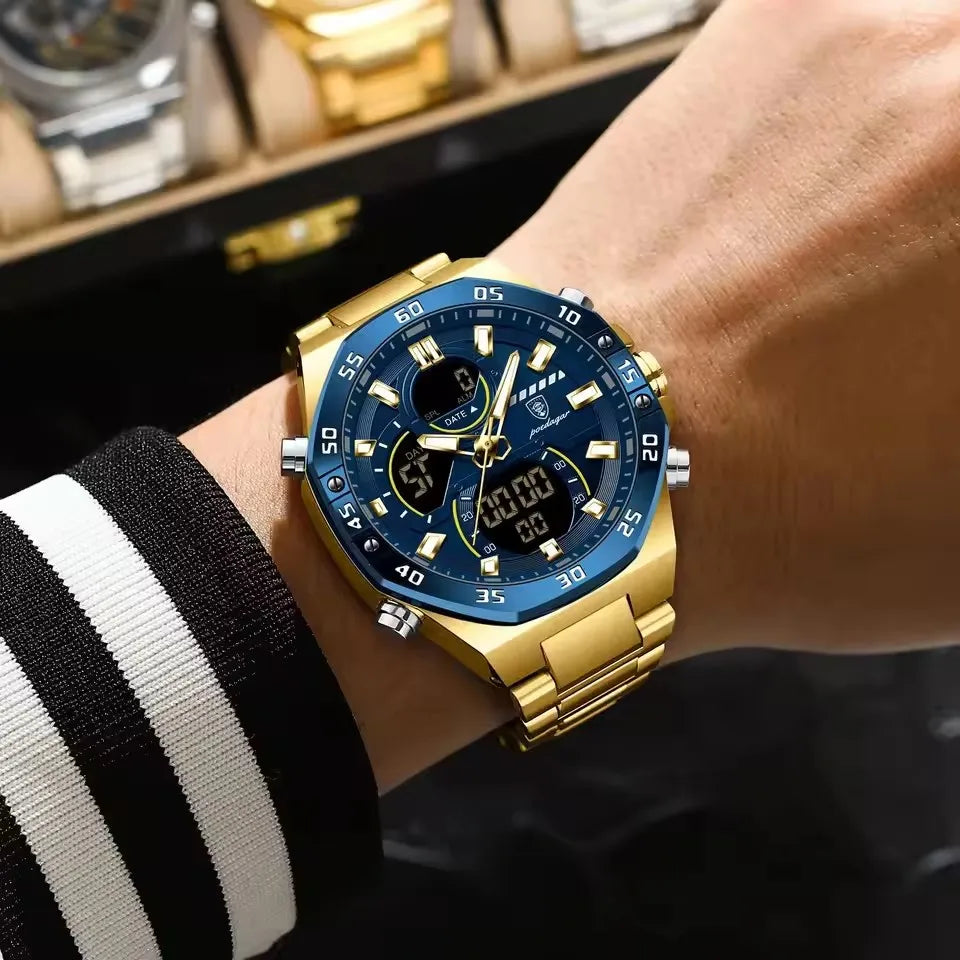 POEDAGAR E101 Dual Time Display Digital Electronic Quartz Fashion Men Waterproof Luminous Week Date Man Watch LED Men's Watches