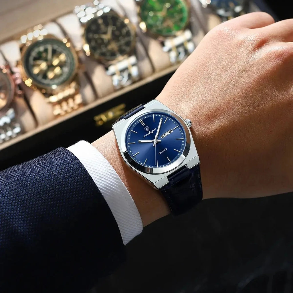 POEDAGAR 930 Luxury Watch for Man Waterproof Luminous Date Week Leather Men Watch Casual Quartz Men's Watches Male Clock