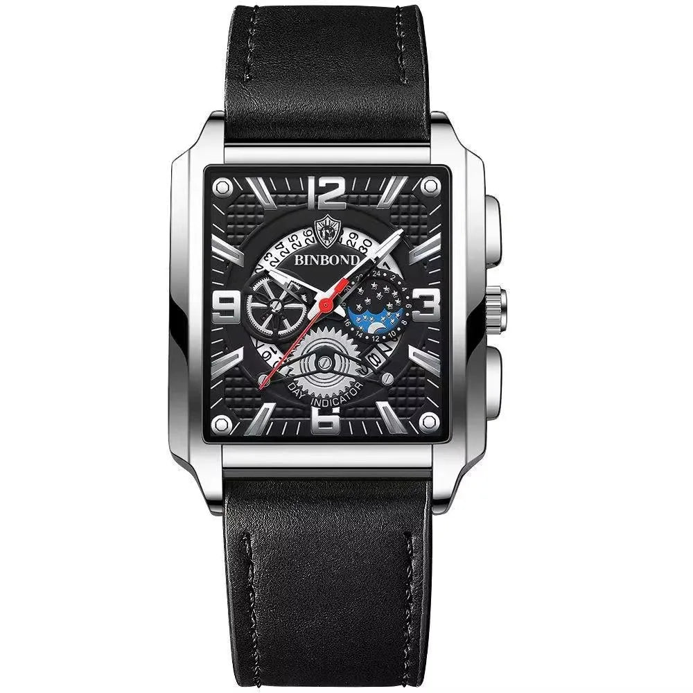 Binbond B6575 6575 Casual Square Waterproof Watch Stainless Steel Quartz Wrist Genuine Leather Belt Luminous Hands Men's Watches