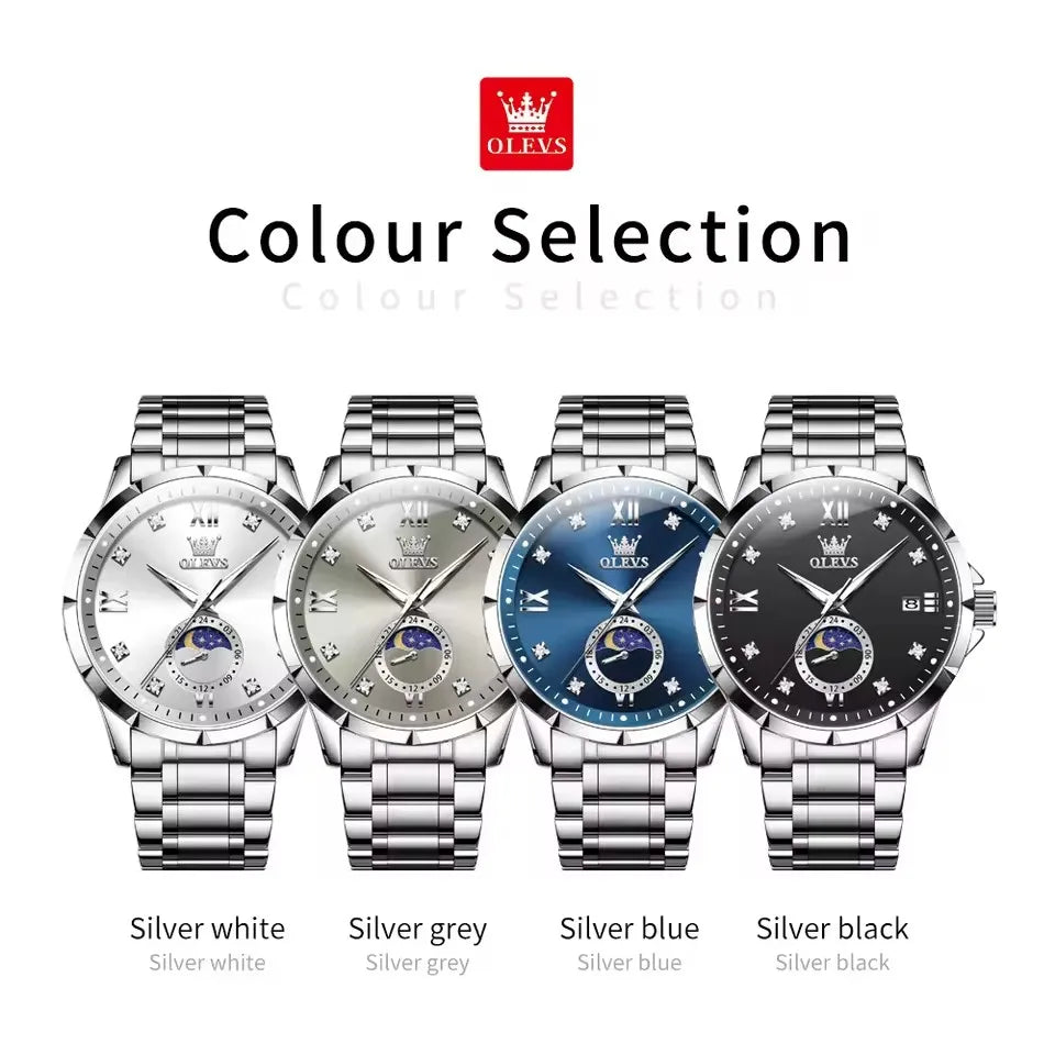 OLEVS 2956 Moon-Phase Wristwatch New Luxury Men's Watches Business Quartz Men Date Fashion Waterproof Stainless Steel Belt Watch