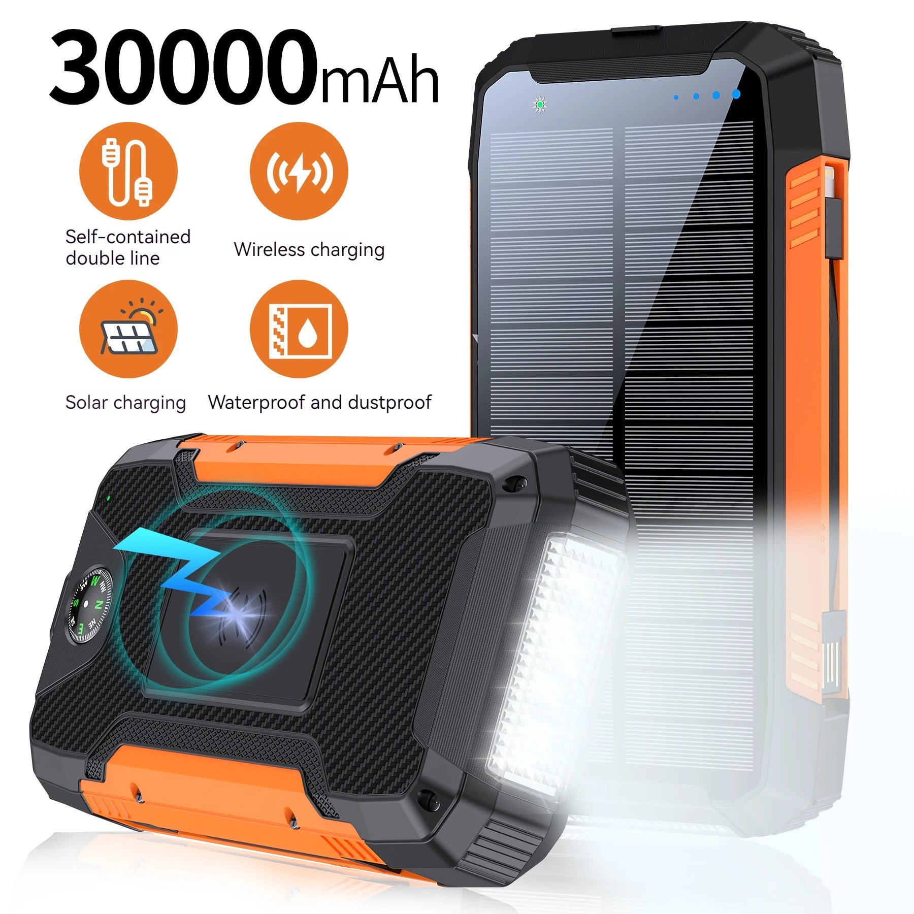30000mAh Large Capacity Led Light Portable Solar Power Bank Dual Usb TYPE-C 3 Output Solar Charger Mobile Power Bank