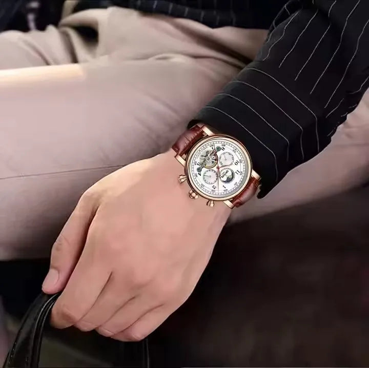 KINYUED J082 Hot Sale Automatic Mechanical Movement Wristwatch Waterproof Leather Strap Men's Watches for Men Montre Homme Reloj