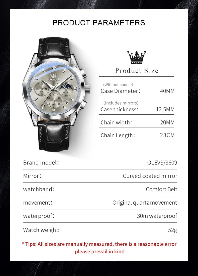 OLEVS New TOP Luxury 3609 Band Wristwatch Men Leather Strap Watch Men Auto Date Chronograph Moon Phase Waterproof Men's Watches