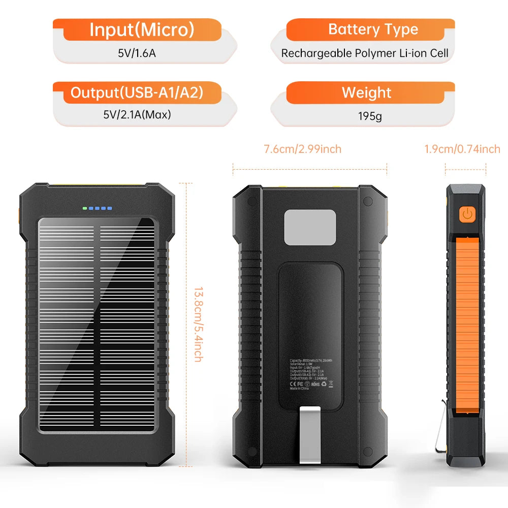 New Product Ideas 2026 Real 8000mAh Portable External Battery Solar Power Bank With LED Flashlight Large Capacity Power Bank