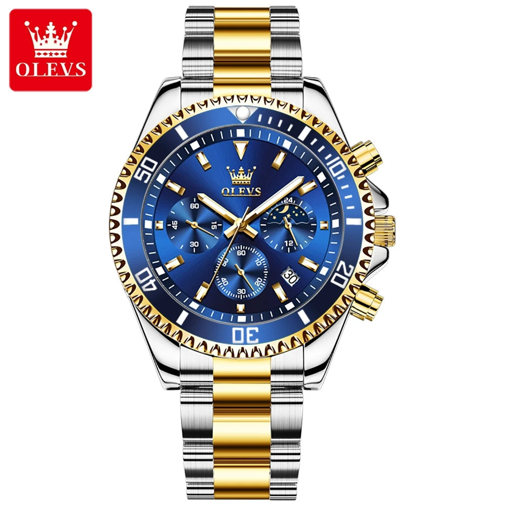 OLEVS 2870 Men's Watches Luxury Watch for Men Original Waterproof Stainless Steel Wristwatch Moon Phase Date Rota Dial