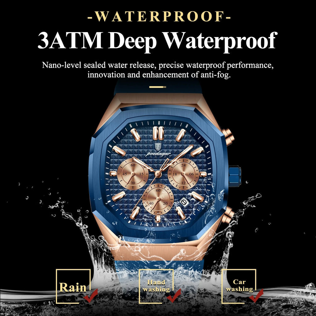 POEDAGAR 893 Sports Man Wrist Waterproof Luminous Luxury Watch Male Soft Silicone Strap Chronograph Date Quartz Men's Watches